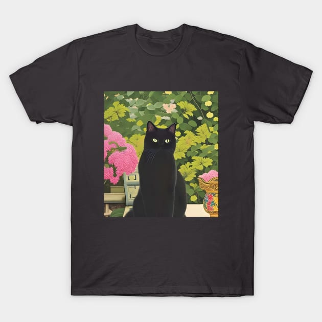 Black Cat in a Japanese Garden T-Shirt by RoxanneG